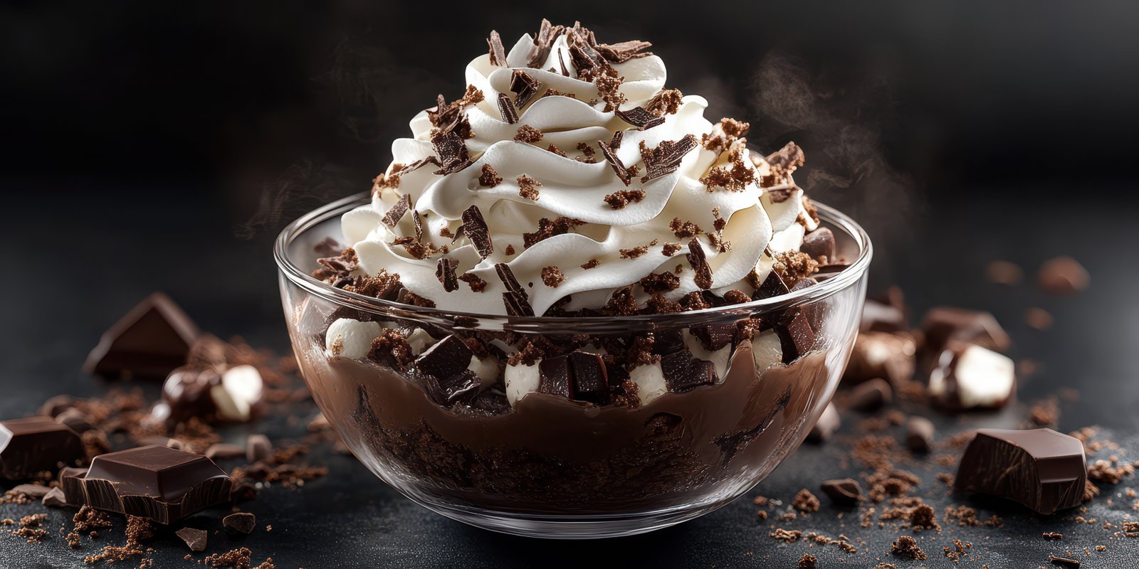 Delicious chocolate dessert topped with whipped cream and chocolate shavings served in a glass bowl